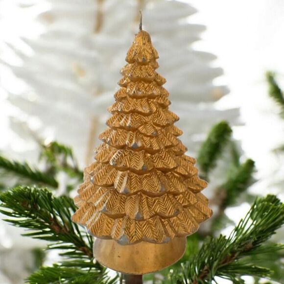 Vintage Gold Christmas Tree Candle Wax Golden Distressed Holiday Display Piece. - Picture 1 of 14